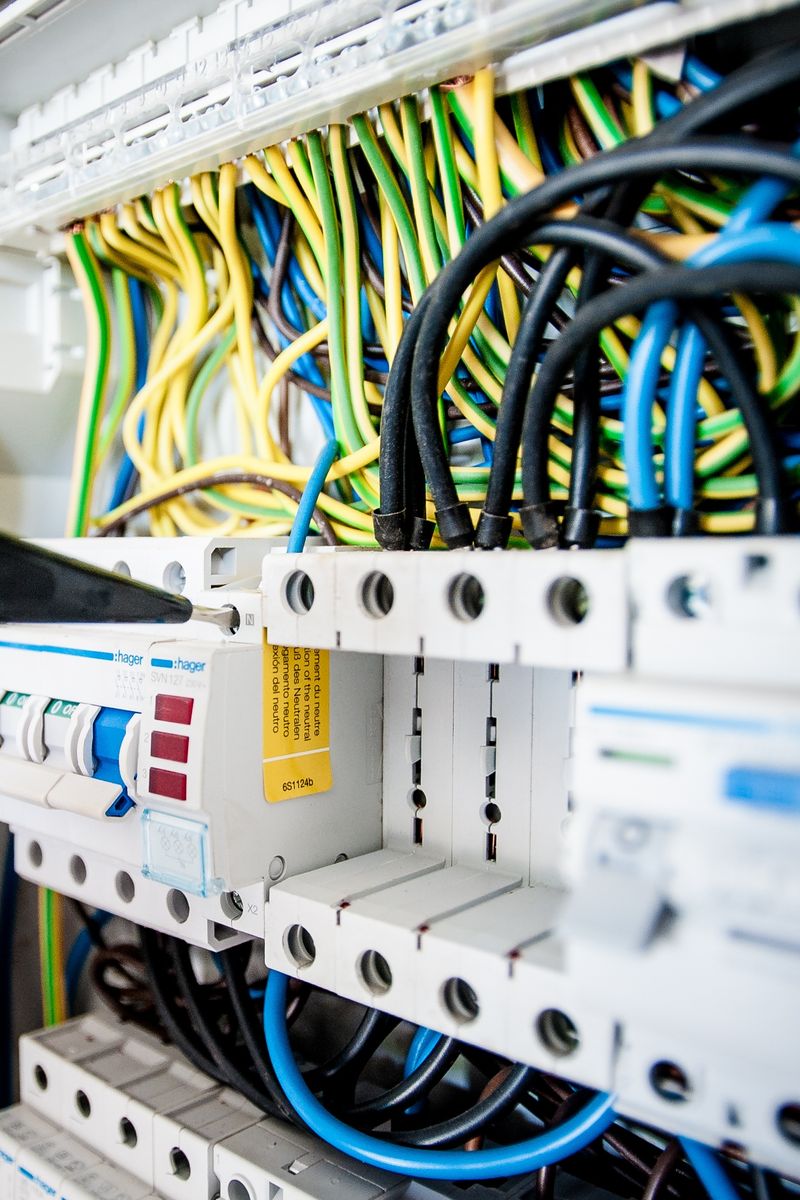 Hand of electrician working on a circuit breaker panel with colorful wires, ensuring safe electrical connections.