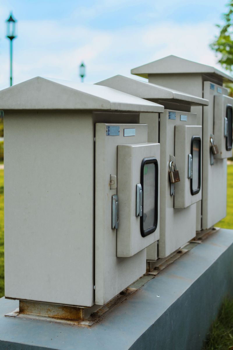 Close-up of locked electric boxes outdoors, featuring metal cabinets on a platform.